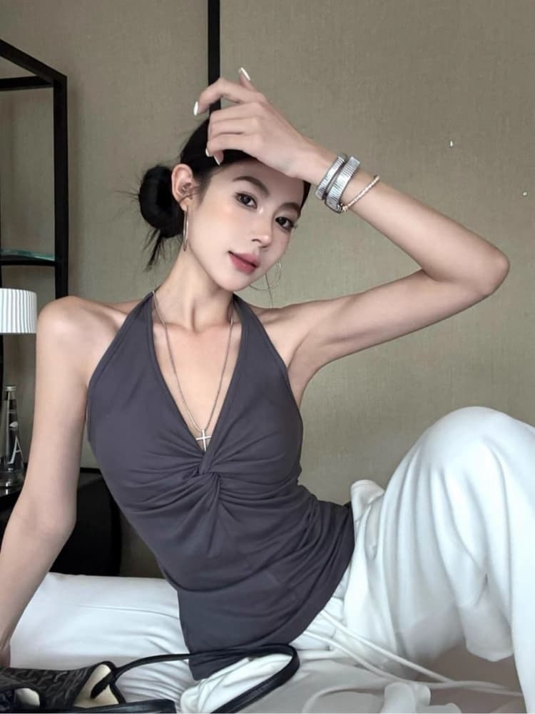 대외 무역 뜨거운 판매 섹션 디자인 센스 작은 대중 비틀림 행침 목 캐미솔 여름 쇼트 스타일 핫걸 맨위 상세 이미지 17