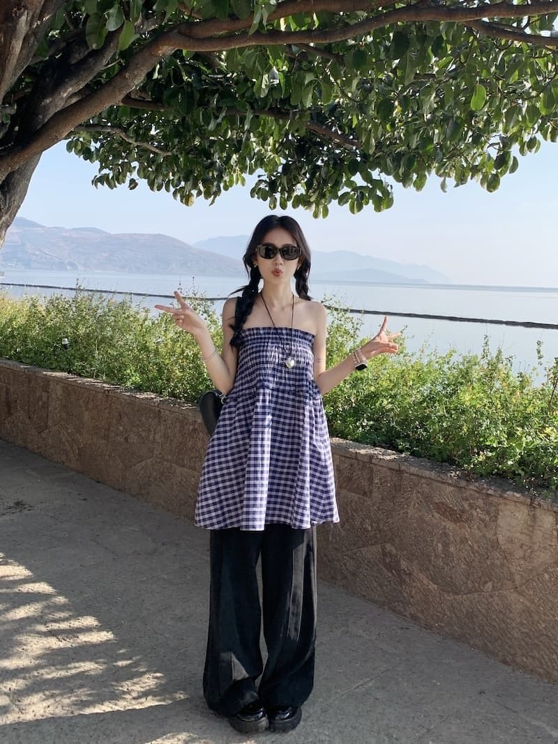 광저우 원단 원본 것 작은 대중 디자인 센스 파란색 체크무늬 반신 스커트 여성 의류 튜브탑 A라인 스커트 상세 이미지 7