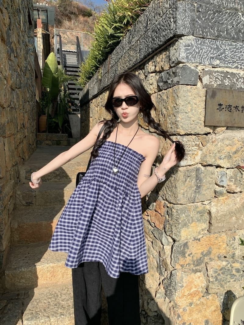 광저우 원단 원본 것 작은 대중 디자인 센스 파란색 체크무늬 반신 스커트 여성 의류 튜브탑 A라인 스커트 상세 이미지 19