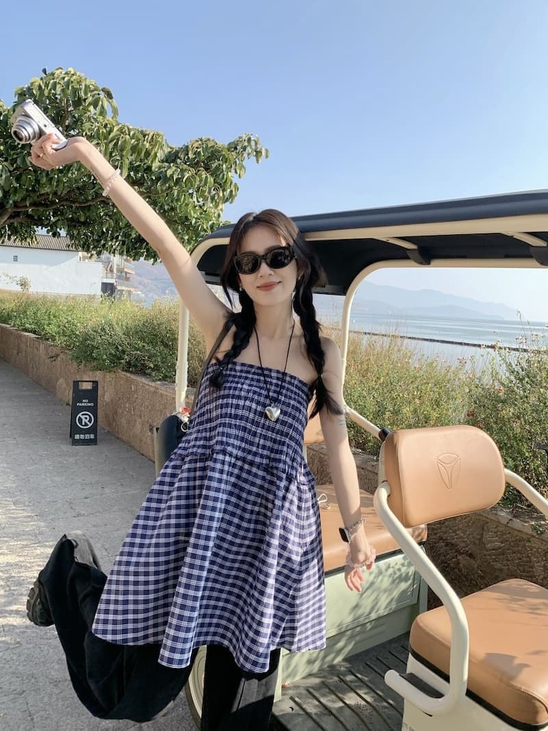 광저우 원단 원본 것 작은 대중 디자인 센스 파란색 체크무늬 반신 스커트 여성 의류 튜브탑 A라인 스커트 상세 이미지 24