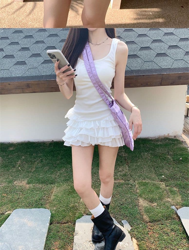 좋은 품질 화이트 슬립 여성 드레스 여름 민소매 조끼 몸매 가꾸기 미니 스커트 핫걸 바람 케이크 드레스 상세 이미지 13