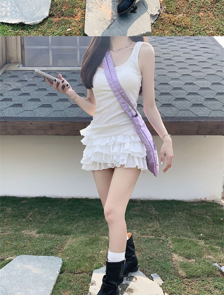 좋은 품질 화이트 슬립 여성 드레스 여름 민소매 조끼 몸매 가꾸기 미니 스커트 핫걸 바람 케이크 드레스 상세 이미지 14