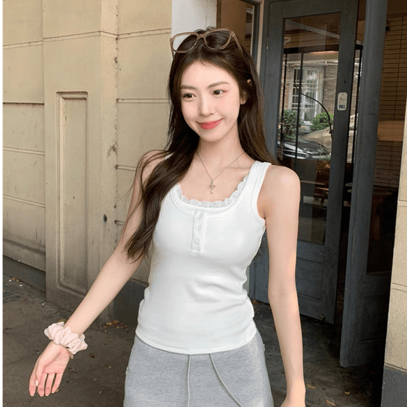 사람들 면 260 그램 레이스 측면 패치워크 단추 캐미솔 여름 핫걸 페이크 레이어드 슬림해 보이는 맨위 이미지 3