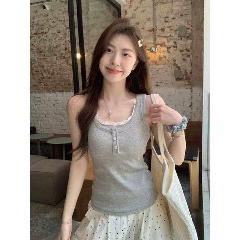 사람들 면 260 그램 레이스 측면 패치워크 단추 캐미솔 여름 핫걸 페이크 레이어드 슬림해 보이는 맨위 이미지 2