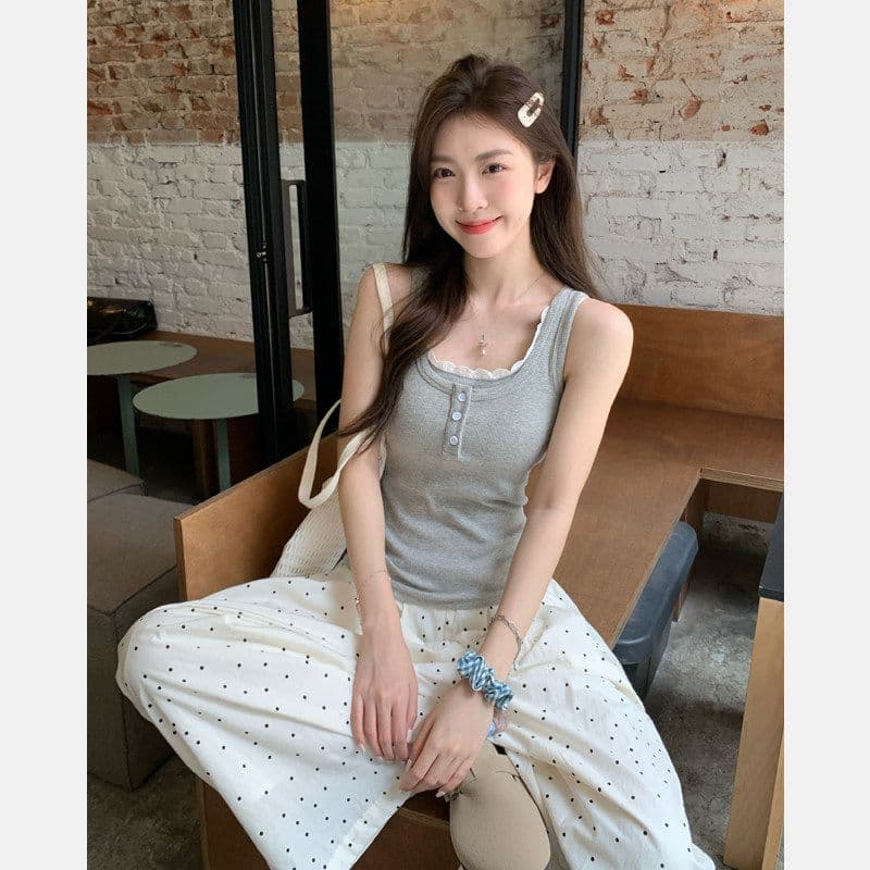 사람들 면 260 그램 레이스 측면 패치워크 단추 캐미솔 여름 핫걸 페이크 레이어드 슬림해 보이는 맨위