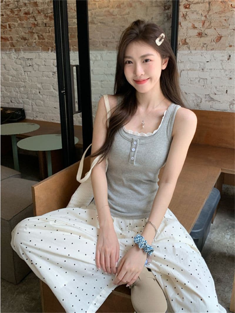 사람들 면 260 그램 레이스 측면 패치워크 단추 캐미솔 여름 핫걸 페이크 레이어드 슬림해 보이는 맨위 상세 이미지 2