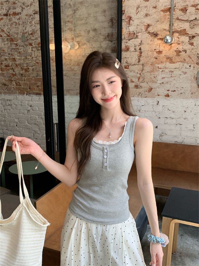 사람들 면 260 그램 레이스 측면 패치워크 단추 캐미솔 여름 핫걸 페이크 레이어드 슬림해 보이는 맨위 상세 이미지 3