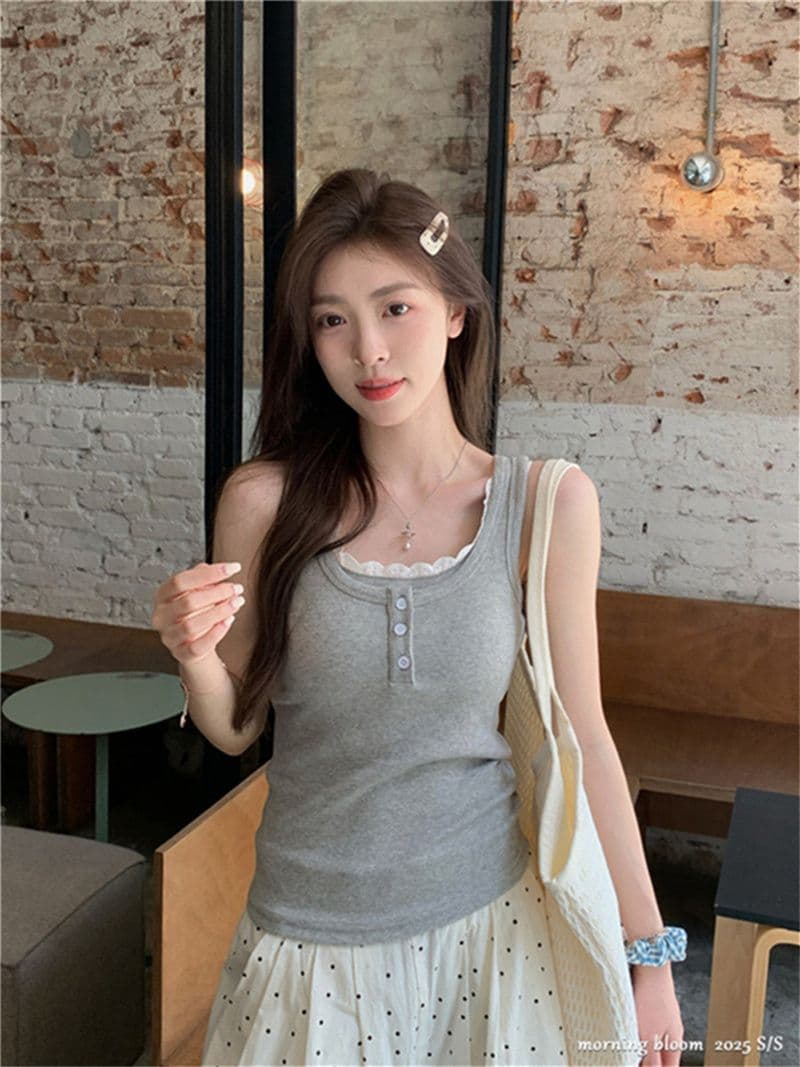 사람들 면 260 그램 레이스 측면 패치워크 단추 캐미솔 여름 핫걸 페이크 레이어드 슬림해 보이는 맨위 상세 이미지 8