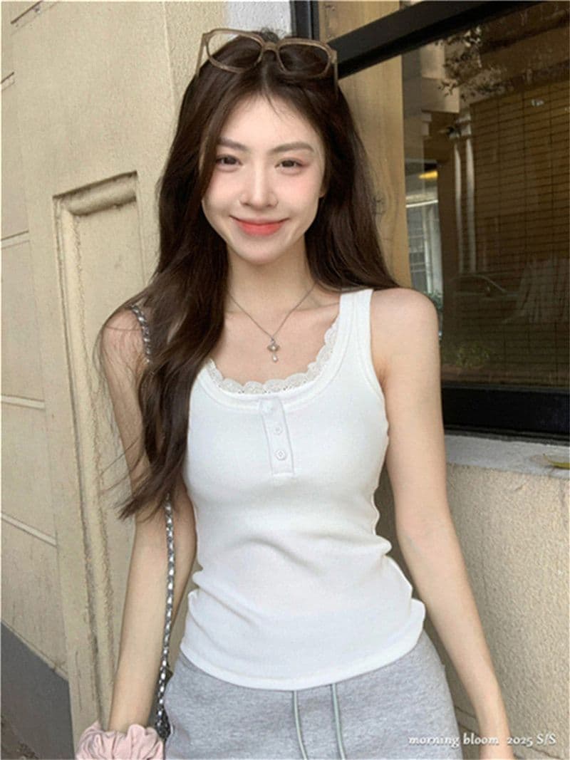 사람들 면 260 그램 레이스 측면 패치워크 단추 캐미솔 여름 핫걸 페이크 레이어드 슬림해 보이는 맨위 상세 이미지 14