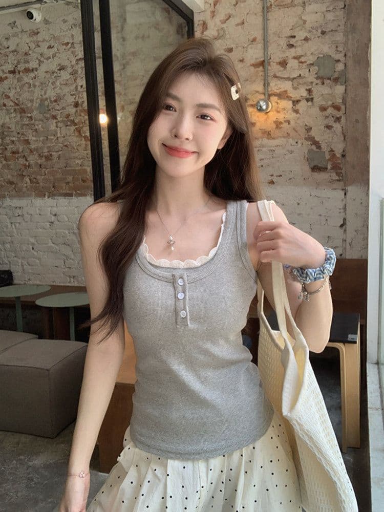 사람들 면 260 그램 레이스 측면 패치워크 단추 캐미솔 여름 핫걸 페이크 레이어드 슬림해 보이는 맨위 상세 이미지 15