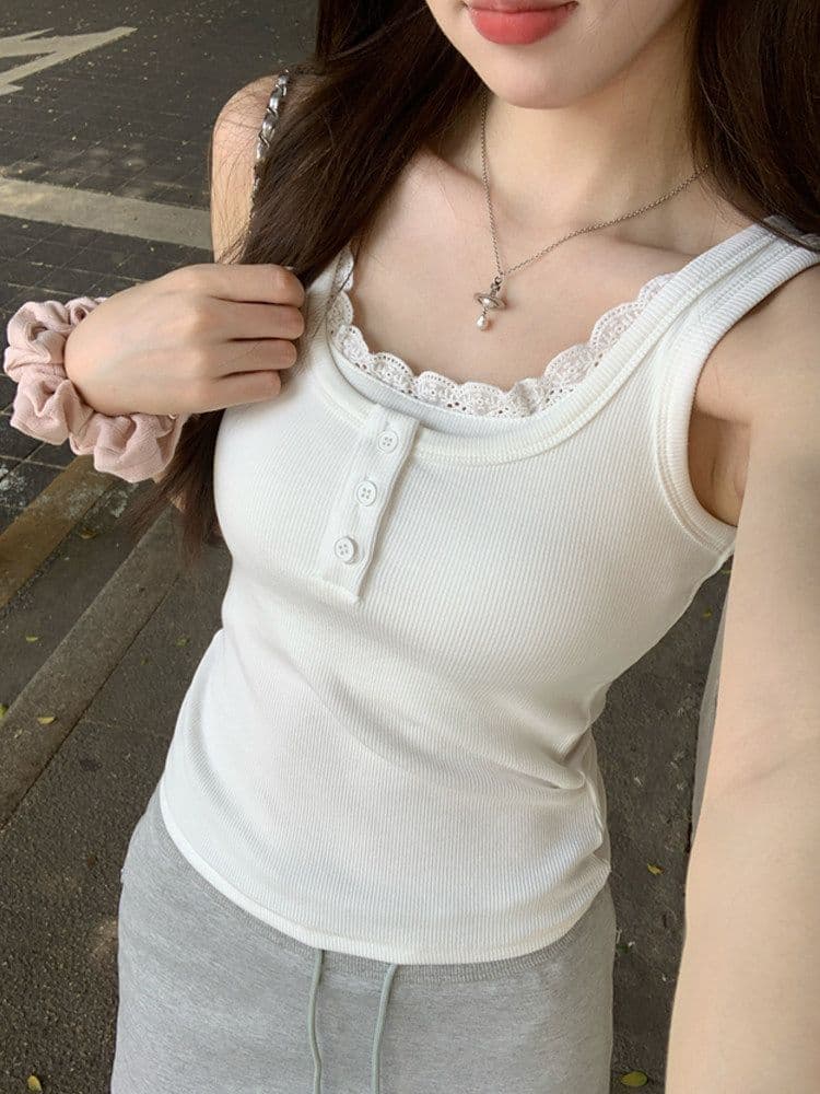 사람들 면 260 그램 레이스 측면 패치워크 단추 캐미솔 여름 핫걸 페이크 레이어드 슬림해 보이는 맨위 상세 이미지 18