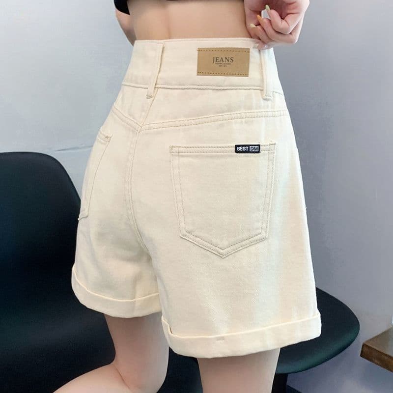 베이지 색 데님 반바지 여성 여름 얇은 스타일 트렌드 새로운 뒤집다 측면 배 모양 표지 넓적 다리 하이웨이스트 한 마디 넓은 다리 핫 바지