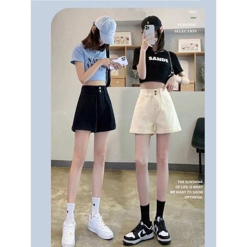베이지 색 데님 반바지 여성 여름 얇은 스타일 트렌드 새로운 뒤집다 측면 배 모양 표지 넓적 다리 하이웨이스트 한 마디 넓은 다리 핫 바지 이미지 5