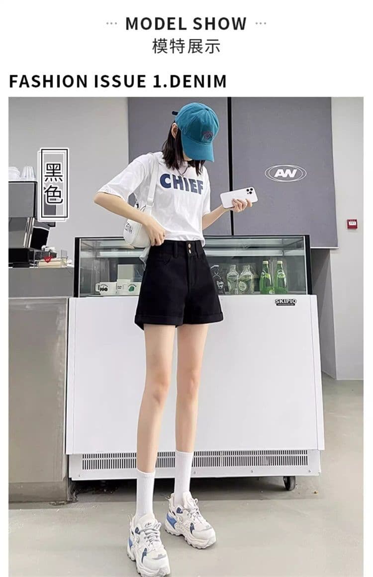베이지 색 데님 반바지 여성 여름 얇은 스타일 트렌드 새로운 뒤집다 측면 배 모양 표지 넓적 다리 하이웨이스트 한 마디 넓은 다리 핫 바지 상세 이미지 21