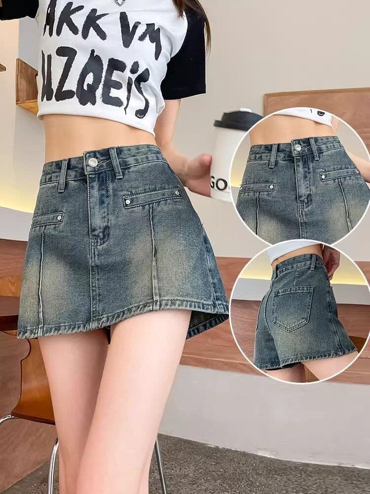아메리칸 레트로 하이웨이스트 데님 페이크 레이어드 바지 여성 여름 빅 사이즈 지방 mm 노출 방지 몸매 가꾸기 한 마디 반신 스커트 상세 이미지 2