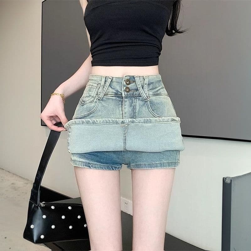 아메리칸 더블 버클 하이웨이스트 마 오래된 워싱 노출 방지 데님 치마바지 여성 여름 슬림해 보이는 다용도 한 마디 반신 미니 스커트 이미지 2