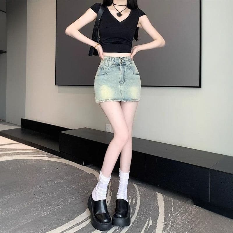아메리칸 더블 버클 하이웨이스트 마 오래된 워싱 노출 방지 데님 치마바지 여성 여름 슬림해 보이는 다용도 한 마디 반신 미니 스커트 이미지 3
