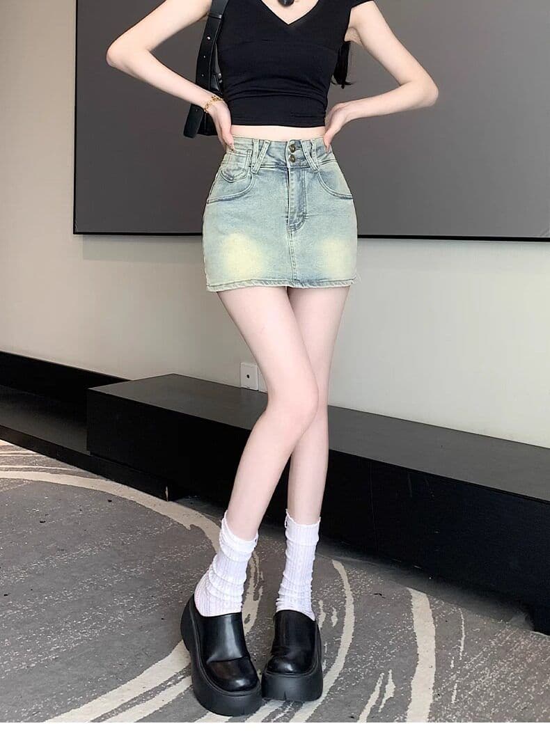 아메리칸 더블 버클 하이웨이스트 마 오래된 워싱 노출 방지 데님 치마바지 여성 여름 슬림해 보이는 다용도 한 마디 반신 미니 스커트 상세 이미지 10