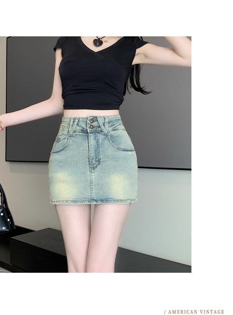 아메리칸 더블 버클 하이웨이스트 마 오래된 워싱 노출 방지 데님 치마바지 여성 여름 슬림해 보이는 다용도 한 마디 반신 미니 스커트 상세 이미지 11