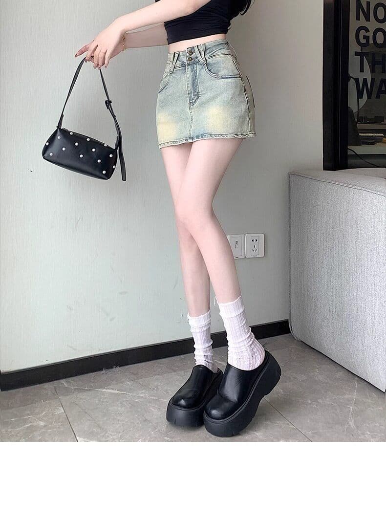 아메리칸 더블 버클 하이웨이스트 마 오래된 워싱 노출 방지 데님 치마바지 여성 여름 슬림해 보이는 다용도 한 마디 반신 미니 스커트 상세 이미지 13