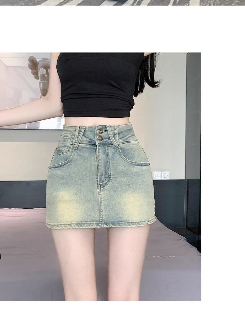 아메리칸 더블 버클 하이웨이스트 마 오래된 워싱 노출 방지 데님 치마바지 여성 여름 슬림해 보이는 다용도 한 마디 반신 미니 스커트 상세 이미지 17