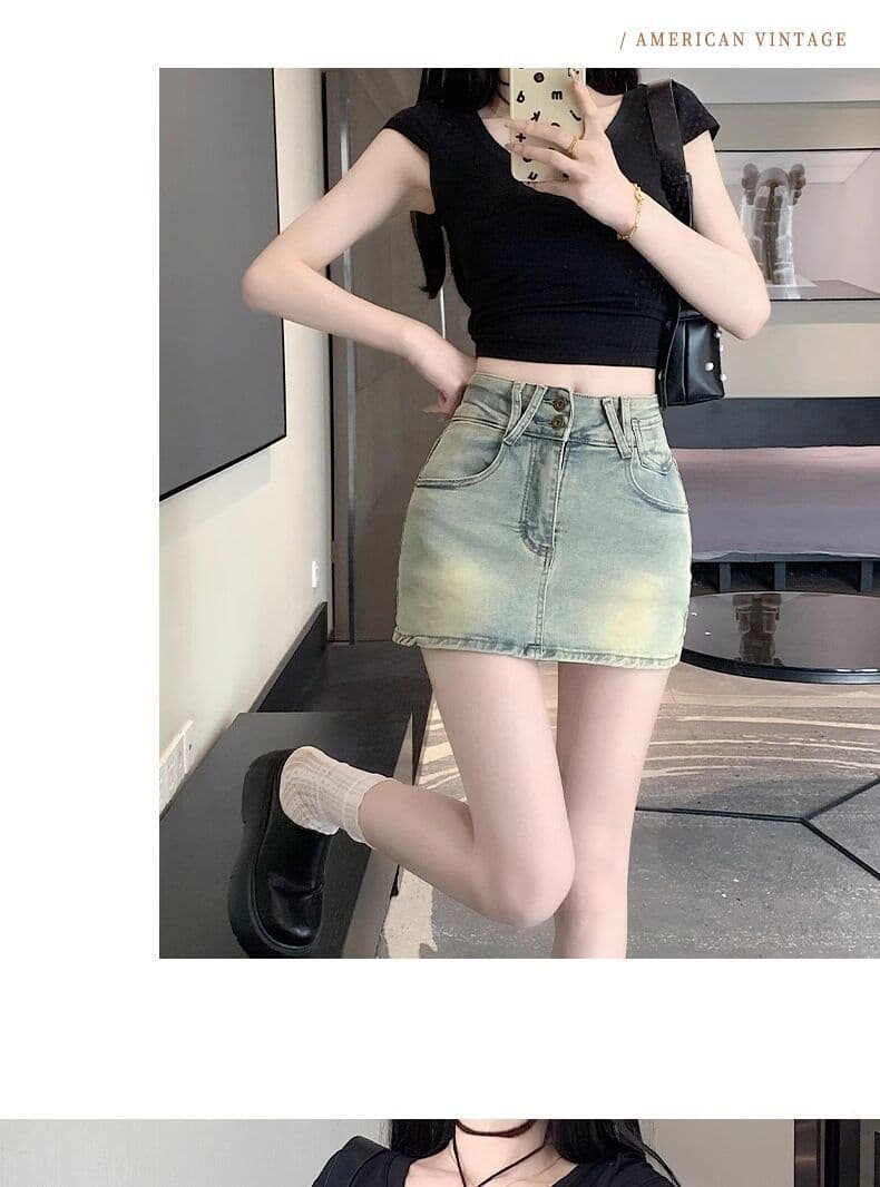 아메리칸 더블 버클 하이웨이스트 마 오래된 워싱 노출 방지 데님 치마바지 여성 여름 슬림해 보이는 다용도 한 마디 반신 미니 스커트 상세 이미지 18