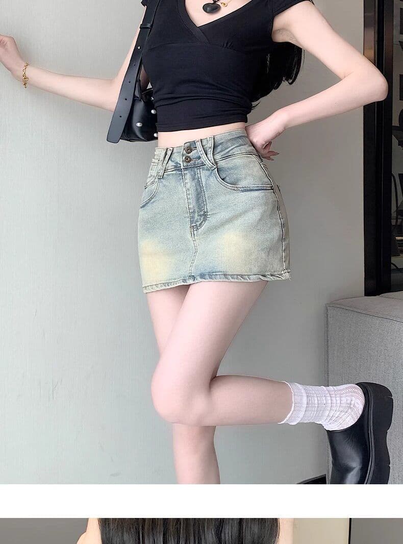 아메리칸 더블 버클 하이웨이스트 마 오래된 워싱 노출 방지 데님 치마바지 여성 여름 슬림해 보이는 다용도 한 마디 반신 미니 스커트 상세 이미지 19