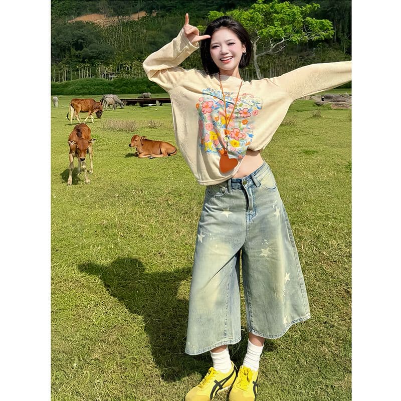 아메리칸 레트로 넓은 다리 청바지 여성 여름 트렌드 다용도 새로운 하이웨이스트 루즈핏 슬림해 보이는 스트레이트 7 점 바지 이미지 3