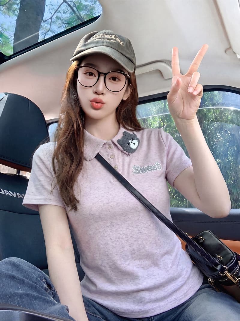 물 부드러운 면 반팔 티셔츠 여성 의류 여름 새로운 한 부서 디자인 센스 만화 자수 베이비 칼라 맨위 상세 이미지 9