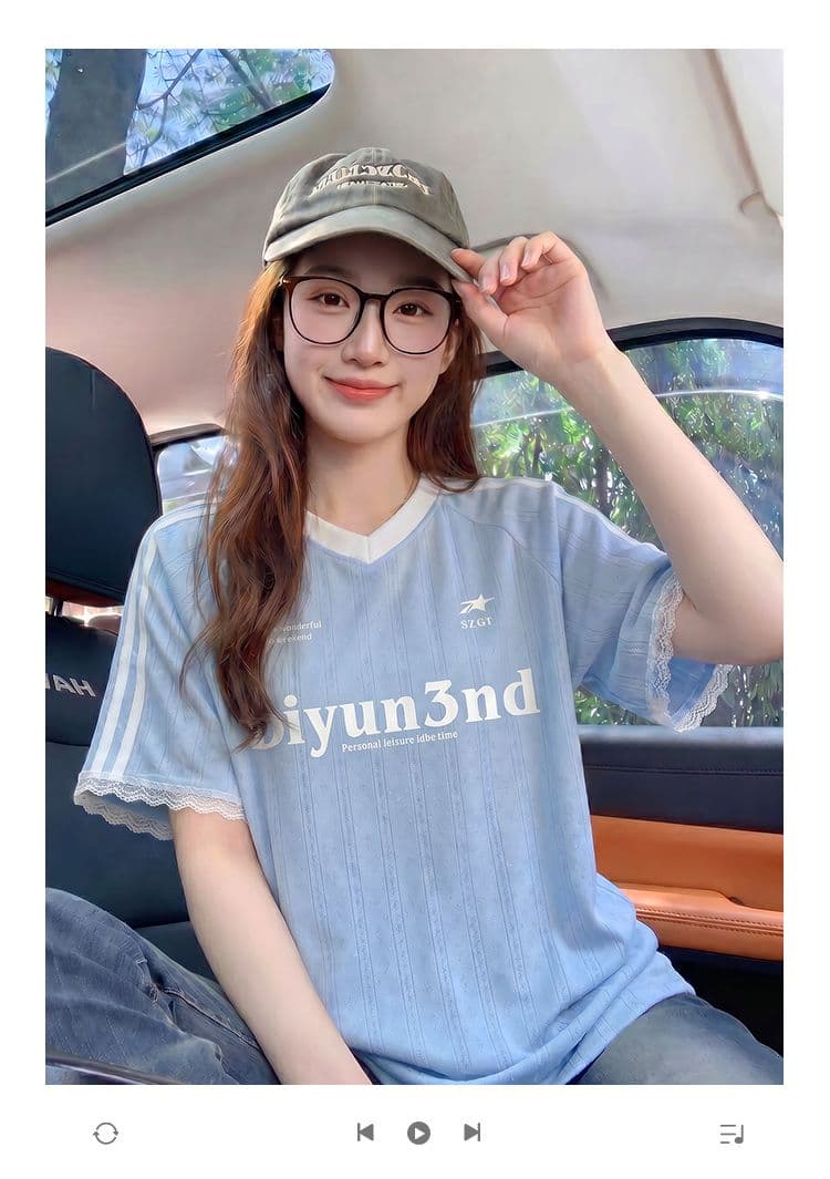 220 그램 자카드 반팔 티셔츠 여성 의류 여름 새로운 한 부서 디자인 센스 달콤함 레이스 V넥 맨위 상세 이미지 1