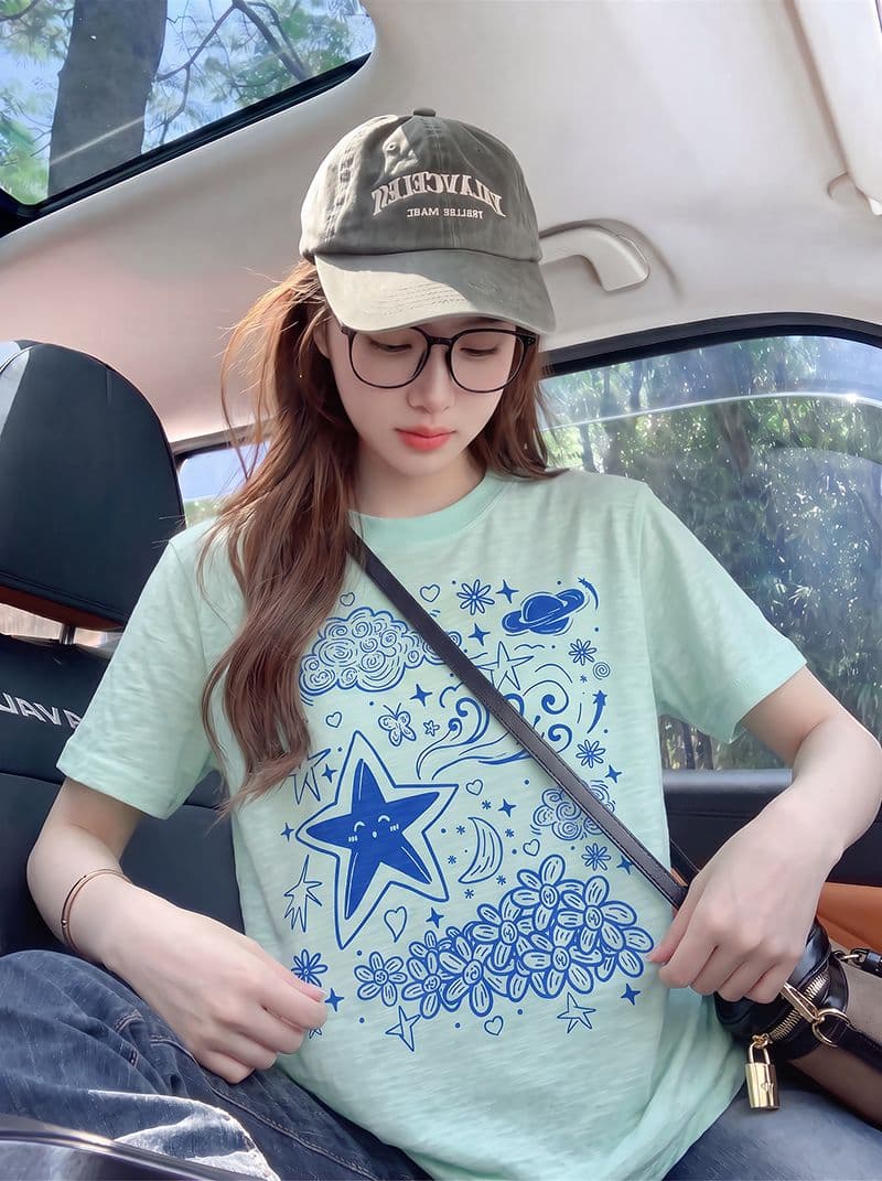 대나무 마디 면 반팔 티셔츠 여성 의류 여름 새로운 한 부서 디자인 센스 재미있는 프린트 라운드 넥 맨위 이미지 4