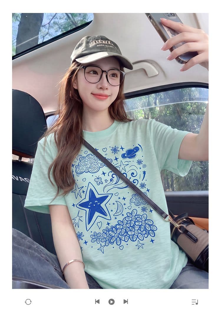 대나무 마디 면 반팔 티셔츠 여성 의류 여름 새로운 한 부서 디자인 센스 재미있는 프린트 라운드 넥 맨위 상세 이미지 1
