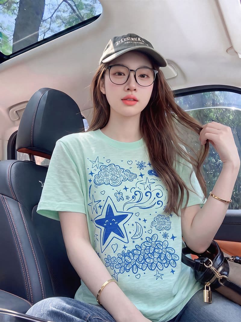 대나무 마디 면 반팔 티셔츠 여성 의류 여름 새로운 한 부서 디자인 센스 재미있는 프린트 라운드 넥 맨위 상세 이미지 8