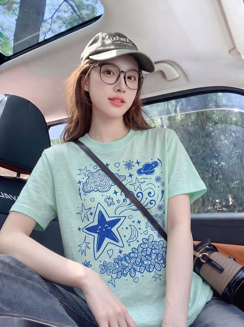 대나무 마디 면 반팔 티셔츠 여성 의류 여름 새로운 한 부서 디자인 센스 재미있는 프린트 라운드 넥 맨위 상세 이미지 9