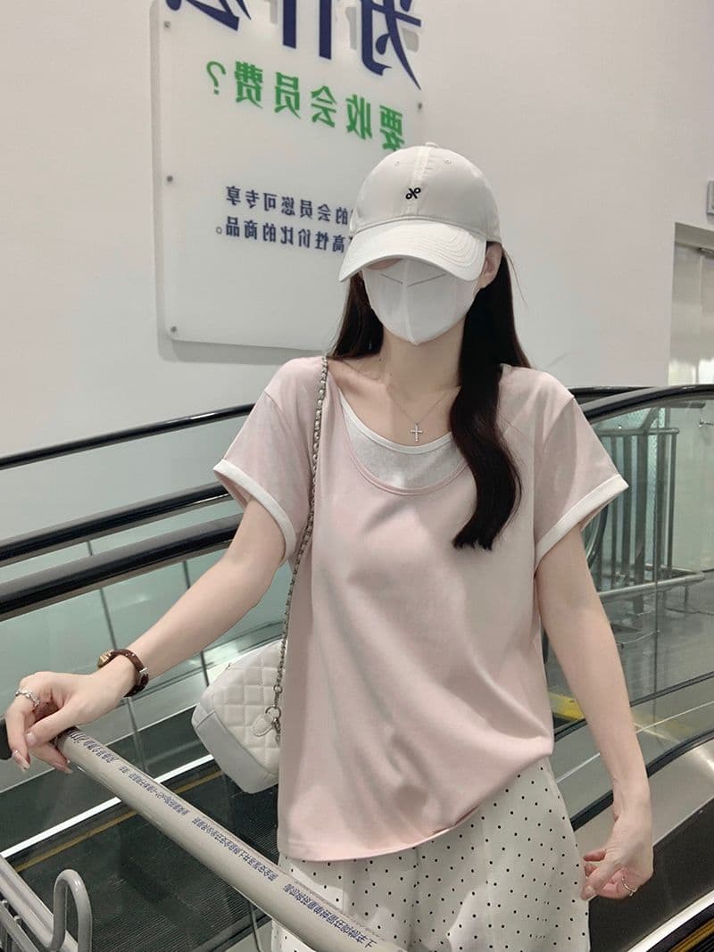 165 그램 눈꽃 면 반팔 티셔츠 여성 의류 여름 새로운 디자인 센스 루즈핏 페이크 레이어드 u 칼라 맨위 이미지 3