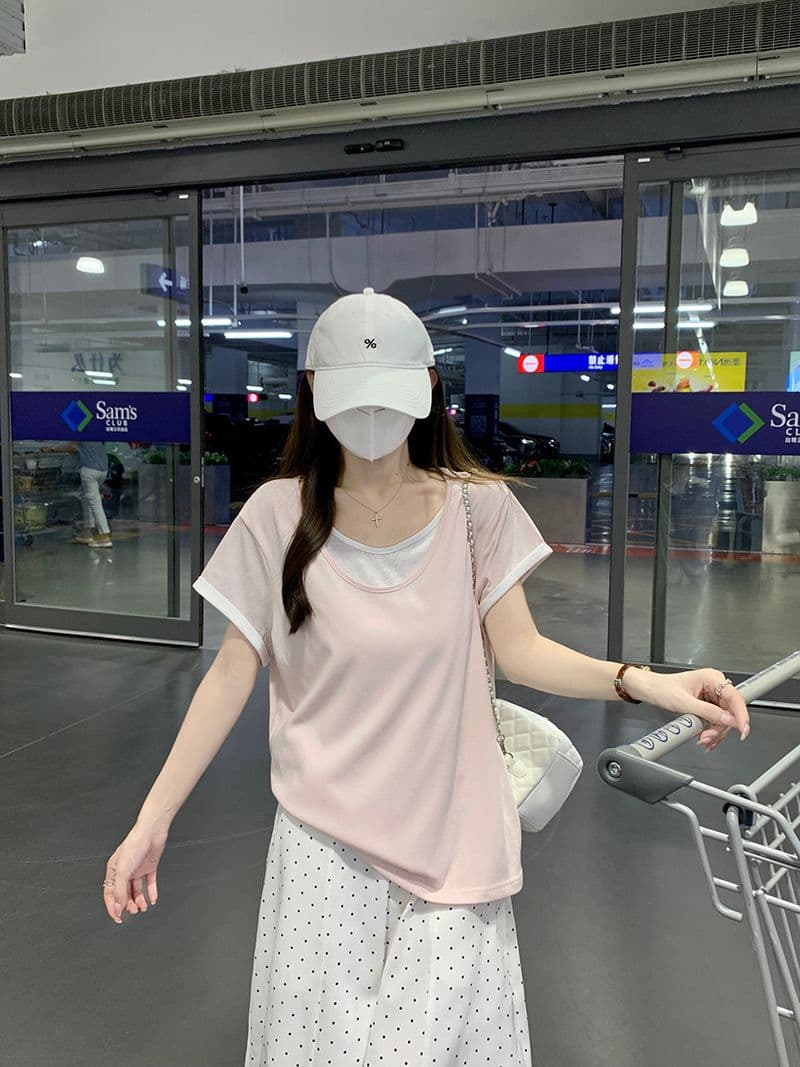 165 그램 눈꽃 면 반팔 티셔츠 여성 의류 여름 새로운 디자인 센스 루즈핏 페이크 레이어드 u 칼라 맨위 이미지 4