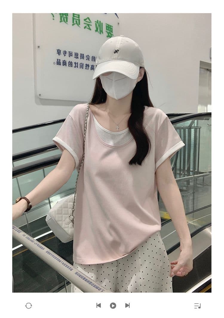 165 그램 눈꽃 면 반팔 티셔츠 여성 의류 여름 새로운 디자인 센스 루즈핏 페이크 레이어드 u 칼라 맨위 상세 이미지 1