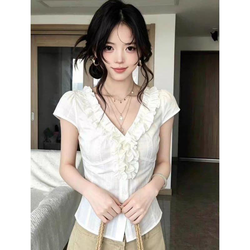 프랑스식 프릴 V넥 반팔 여성 셔츠 여름 디자인 센스 작은 대중 슈퍼 잘 생긴 허리 수축 슬림해 보이는 셔츠 맨위