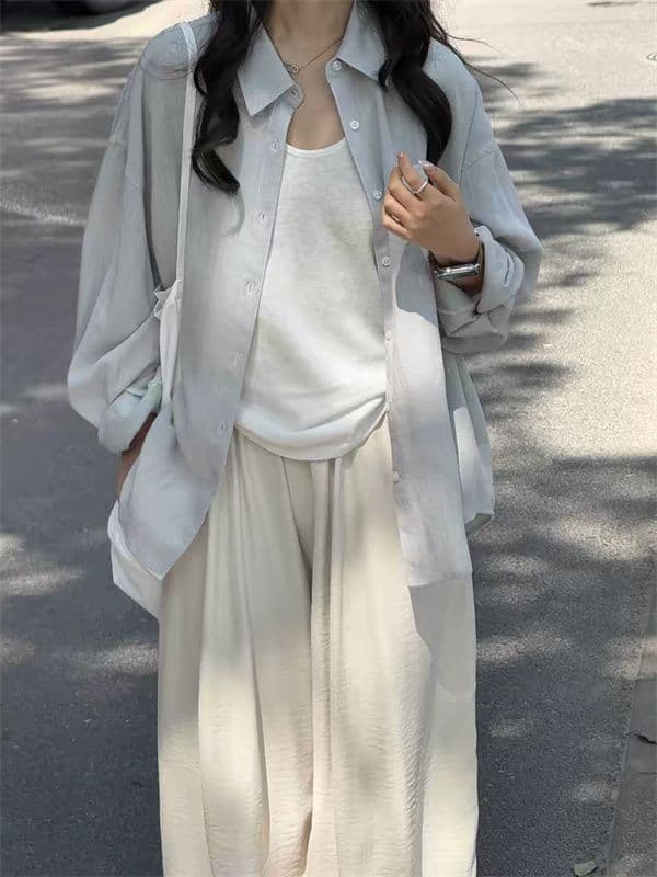 느긋한 느슨함 센스 구름 회색 블루 자외선 차단 여성 셔츠 여름 얇은 스타일 루즈핏 오래된 돈 바람 캐주얼 긴팔 셔츠 재킷 상세 이미지 2
