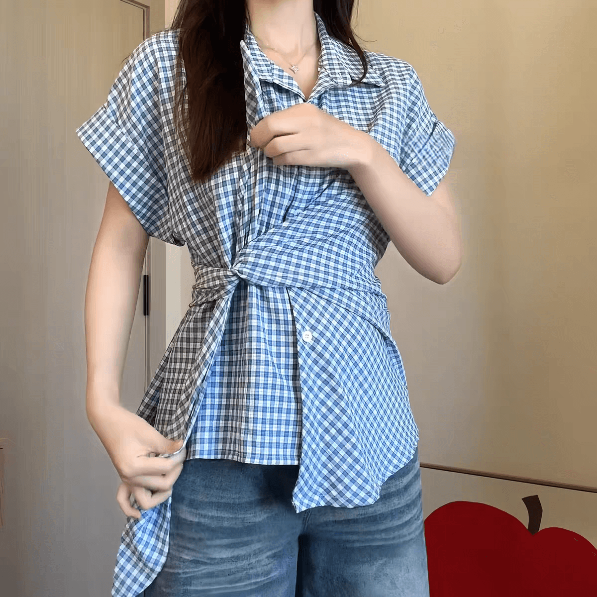 한 부서 파란색 체크무늬 나비 매듭 스트랩 POLO 칼라 반팔 여성 셔츠 여름 몸매 가꾸기 고급 센스 캐주얼 맨위 이미지 3