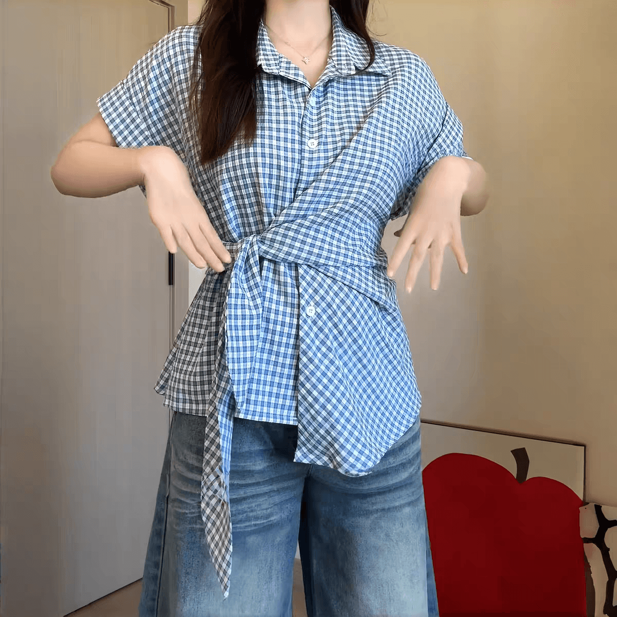 한 부서 파란색 체크무늬 나비 매듭 스트랩 POLO 칼라 반팔 여성 셔츠 여름 몸매 가꾸기 고급 센스 캐주얼 맨위 이미지 5