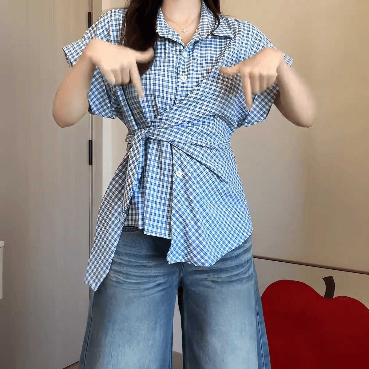 한 부서 파란색 체크무늬 나비 매듭 스트랩 POLO 칼라 반팔 여성 셔츠 여름 몸매 가꾸기 고급 센스 캐주얼 맨위 이미지 2