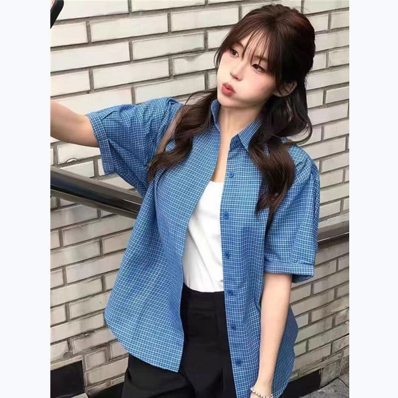 품격 아메리칸 레트로 파란색 체크무늬 반팔 여성 셔츠 여름 새로운 루즈핏 다용도 디자인 센스 캐주얼 맨위 이미지 4