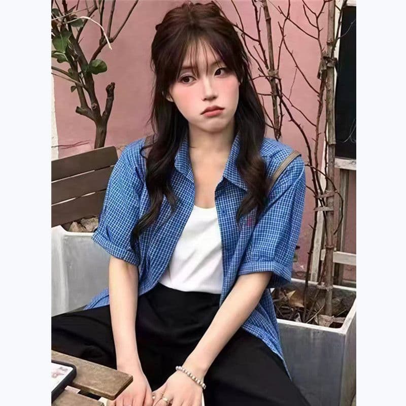 품격 아메리칸 레트로 파란색 체크무늬 반팔 여성 셔츠 여름 새로운 루즈핏 다용도 디자인 센스 캐주얼 맨위 이미지 3