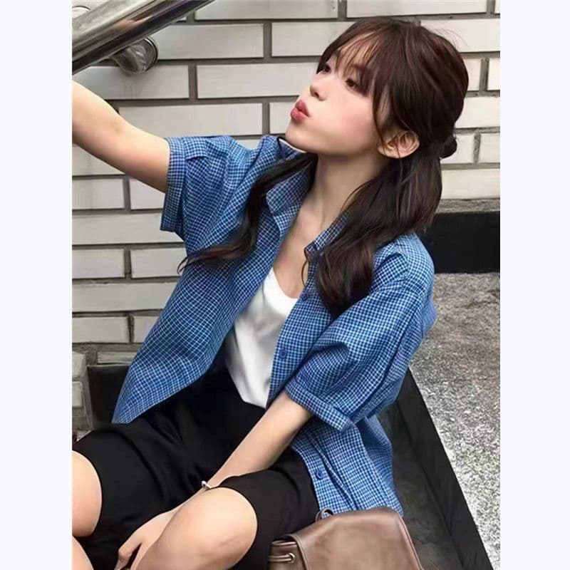 품격 아메리칸 레트로 파란색 체크무늬 반팔 여성 셔츠 여름 새로운 루즈핏 다용도 디자인 센스 캐주얼 맨위 이미지 2