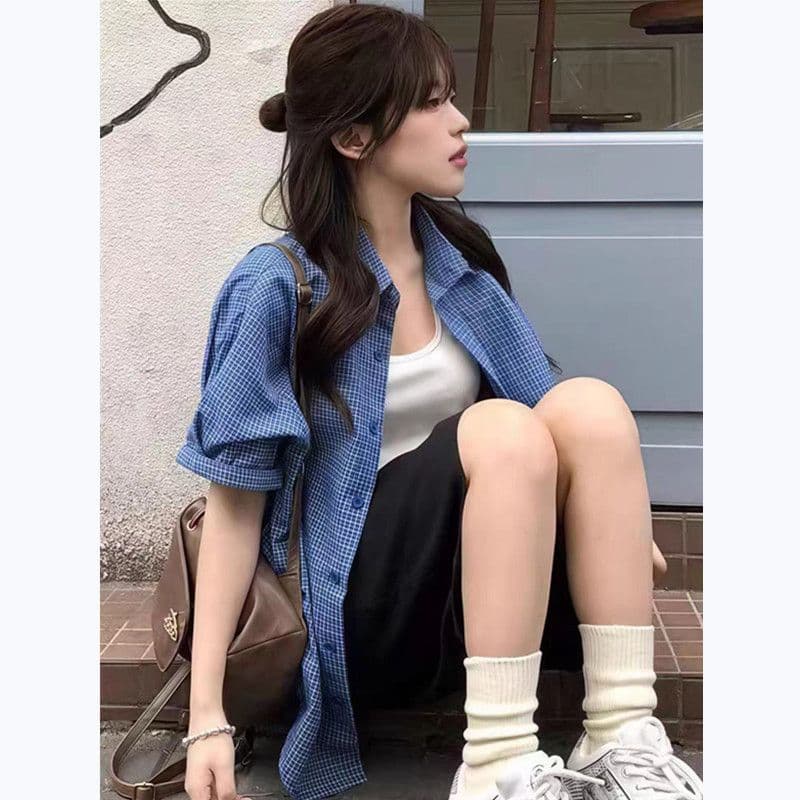 품격 아메리칸 레트로 파란색 체크무늬 반팔 여성 셔츠 여름 새로운 루즈핏 다용도 디자인 센스 캐주얼 맨위 이미지 5