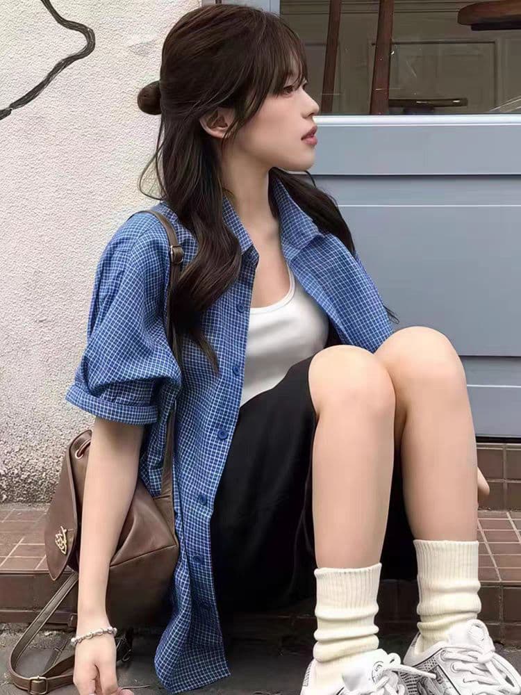 품격 아메리칸 레트로 파란색 체크무늬 반팔 여성 셔츠 여름 새로운 루즈핏 다용도 디자인 센스 캐주얼 맨위 상세 이미지 5