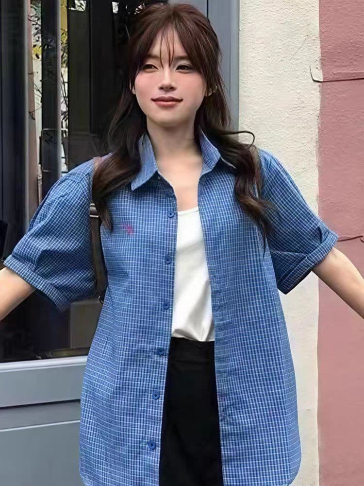 품격 아메리칸 레트로 파란색 체크무늬 반팔 여성 셔츠 여름 새로운 루즈핏 다용도 디자인 센스 캐주얼 맨위 상세 이미지 6