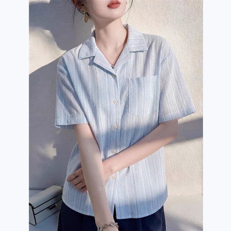항구 바람 쿠바 칼라 파란색 스트라이프 반팔 여성 셔츠 루즈핏 슬림해 보이는 느긋한 바람 여름 레트로 디자인 센스 맨위