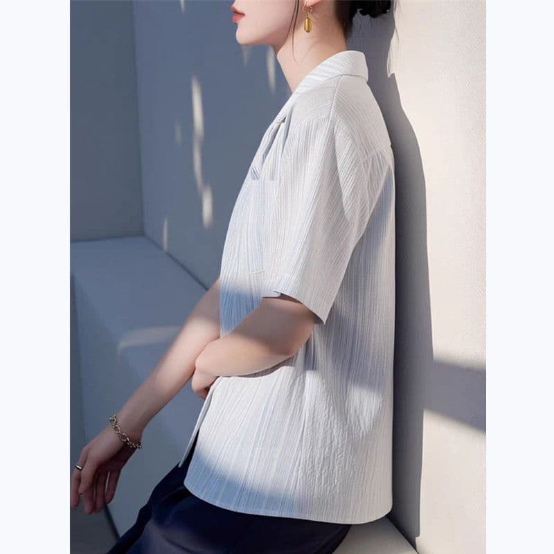 항구 바람 쿠바 칼라 파란색 스트라이프 반팔 여성 셔츠 루즈핏 슬림해 보이는 느긋한 바람 여름 레트로 디자인 센스 맨위 이미지 2